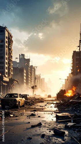 War torn city street with burning vehicles and rubble leading to bombed buildings under a dramatic sky