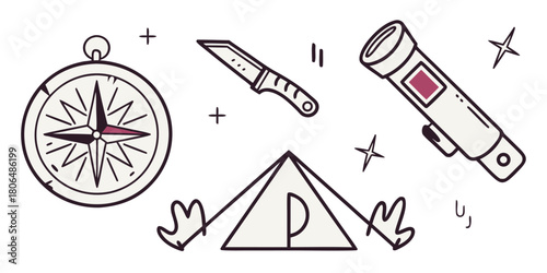 Camping essentials arranged in a whimsical line art style for outdoor adventures