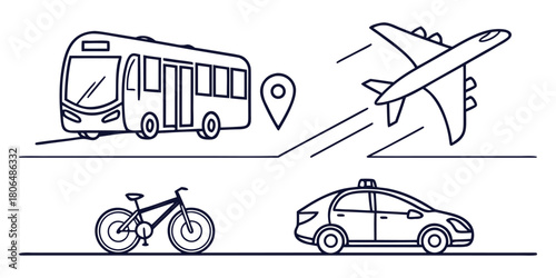 Various modes of transportation including bus airplane bike and taxi service