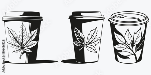 paper coffee cup with leaf sketch illustration vector set