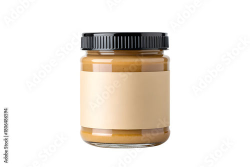 Professional studio photograph of a single plain jar of peanut butter with a blank label against a white background