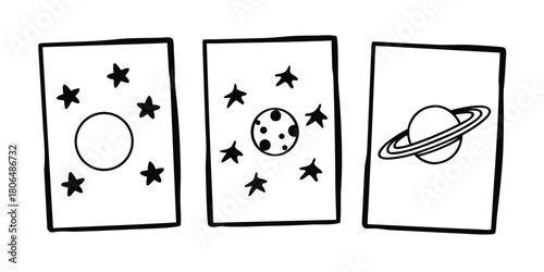 Three cards showing planets and stars in a simple black and white illustration