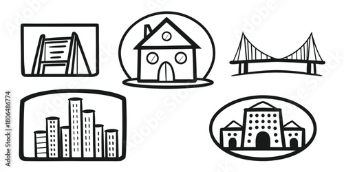 Black and white icons of city landmarks including buildings and a bridge view