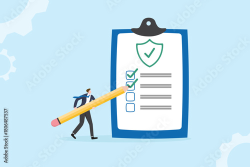 Insurance and risk management concept. Man check checklist, signing insurance document or make a decision. Health prevention planning, investment for retirement vector flat design.