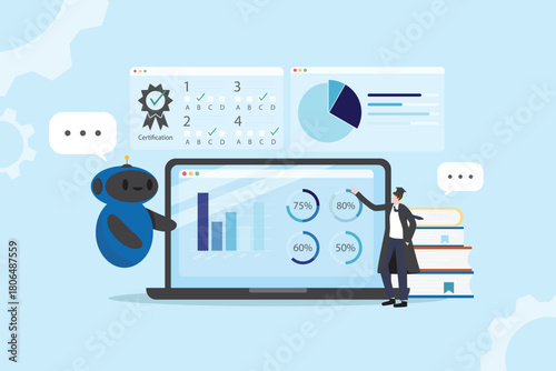 artificial intelligence Technology for education concept. AI Searching , study and research by using ai online for approach knowledge. Diploma, university E-learning graduation illustration vector.