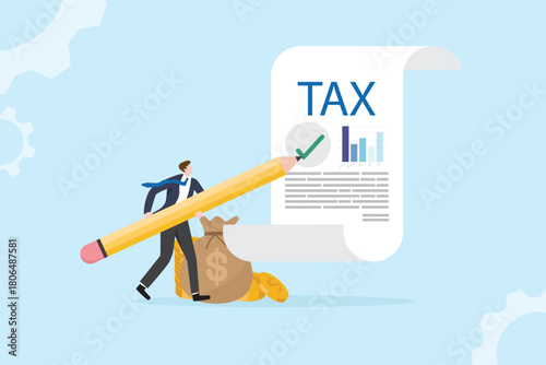 Tax planing payment concept. Financial report auditor and calculation tax return, debt payment for Government, State taxes, Tax Due date. Business man presenting data online illustration flat design.