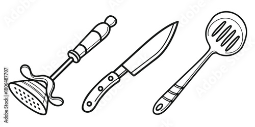 Black and white line art of kitchen utensils including a masher knife and spoon