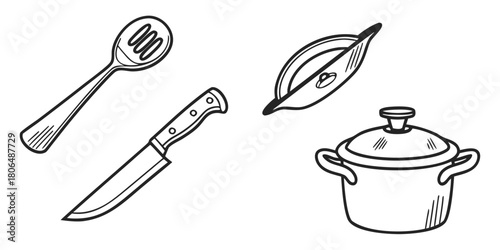 Hand drawn kitchen utensils including a spoon knife lid and a cooking pot