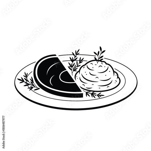 Black and white illustration of steak and mashed potatoes on a plate
