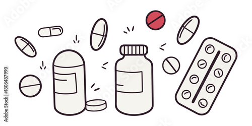 Hand drawn illustration of medicine bottles and pills on a light background