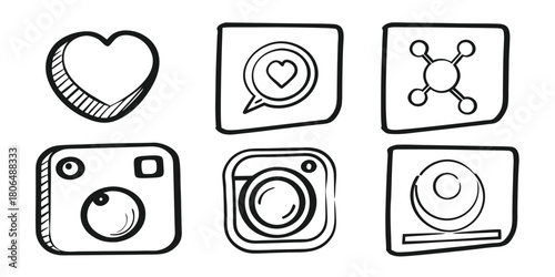 Hand drawn social media icons in black and white digital illustration style
