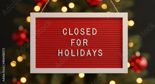 Closed for holidays sign board with festive decor perfect for business, retail store, office Christmas and New Year holidays amidst seasonal greenery and holiday cheer