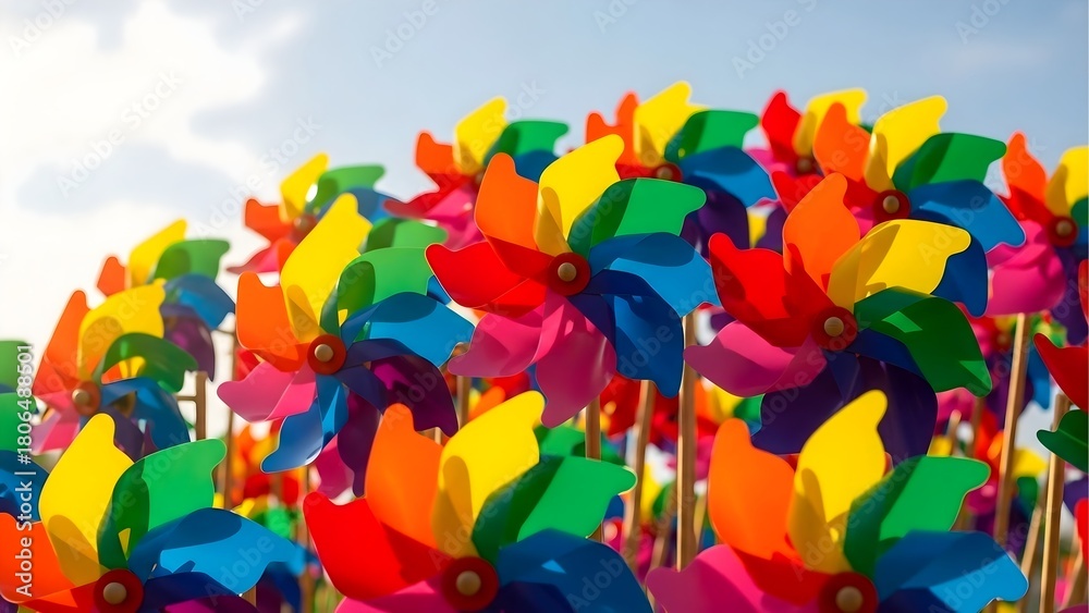 Fototapeta premium Colorful pinwheel garden stock photo: bright rainbow pinwheels spinning in the wind, outdoor toy photography