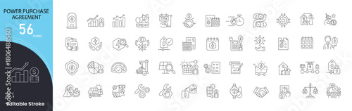 Power Purchase Agreement (PPA) icons set. Includes icons for contract, electricity, energy deal, renewable power, agreement, billing, supply, production, pricing, and grid connection.Editable stroke.