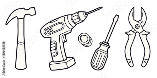 Hand tools including a hammer drill screwdriver pliers and screw on white