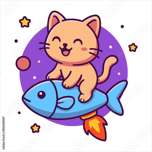 A happy kawaii cat character flying on a fish rocket ship in space, a whimsical cartoon flat vector logo illustration