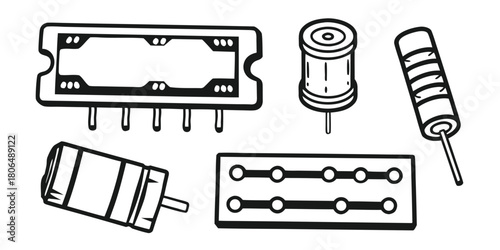 Black and white line art illustration of various electronic components parts