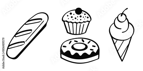 Hand drawn illustration of bread cupcake donut and ice cream on white background