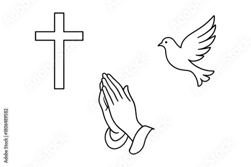 Minimalist symbols of faith: cross, praying hands, and dove in linear style