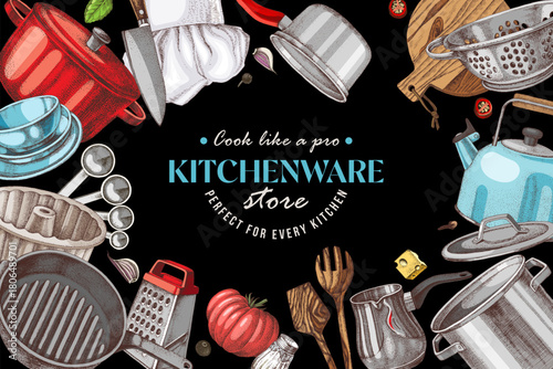 Kitchen utensils vector sketched banner