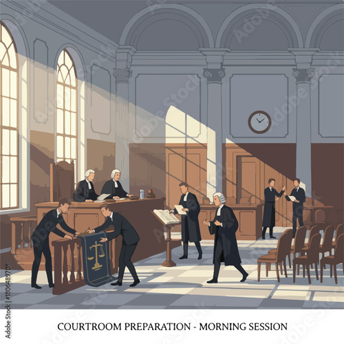 Vector set of 8 prosecutor arguing a case in front of an appellate court panel, elevated setting, intellectual focus.								
