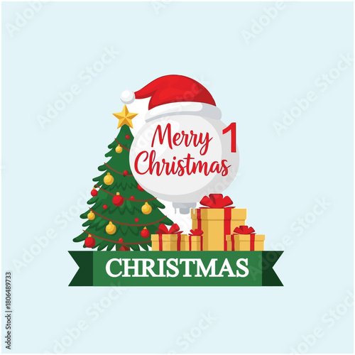 Christmas tree with gifts and Santa hat saying Merry Christmas