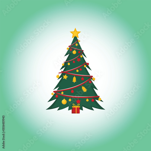 Decorated Christmas tree with star and gift on green background