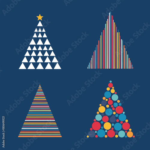 Four abstract Christmas trees in geometric styles triangle