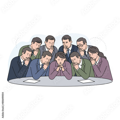 Vector set of 8 stylized judge contemplating a difficult ethical decision, introspective and quiet isometric art.		