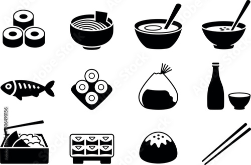 Japanese Food Icons Illustration Featuring Sushi Ramen and Other Delights