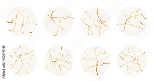 Golden circles with cracks effect in japaneese kintsugi mosaic style. Luxury marble stone porcelain gold fissures. Marble texture. Luxury design for wall art, wallpaper, wedding card, social media.