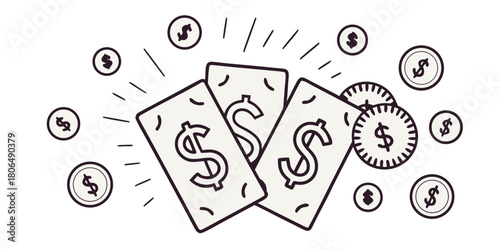 Hand drawn illustration of money cards and coins representing wealth and finance