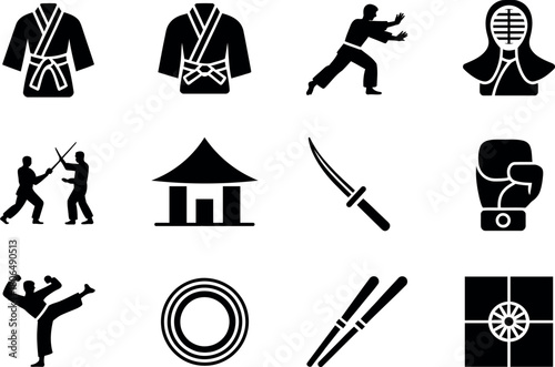 Martial arts symbols collection featuring diverse Japanese fighting arts