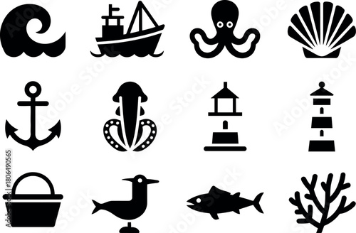 Nautical and Marine Icon Set Featuring Sea Creatures and Coastal Elements