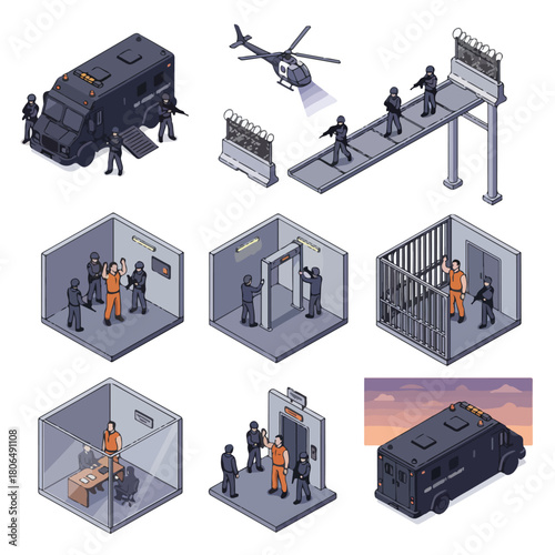 Vector set of 8 detailed view of a prisoner being transported for a court appearance, intense isometric vector art, high security look.								
