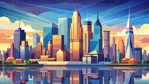 Very beautiful panoramic view of Manhattan showcasing a sweeping urban horizon, towering skyscrapers, shimmering waterfront reflections, and a clear atmospheric vista capturing the vibrant essence of 