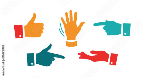 Colorful hand gestures including thumbs up pointing and open palm symbols