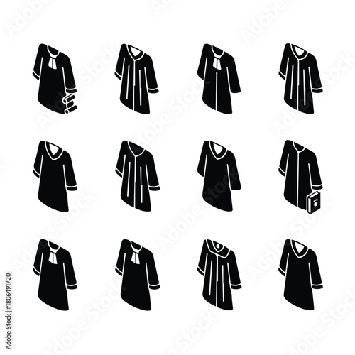 Vector set of 8 judge's robe hanging neatly in chambers, simple isometric vector illustration, deep black fabric and gold accents.								
