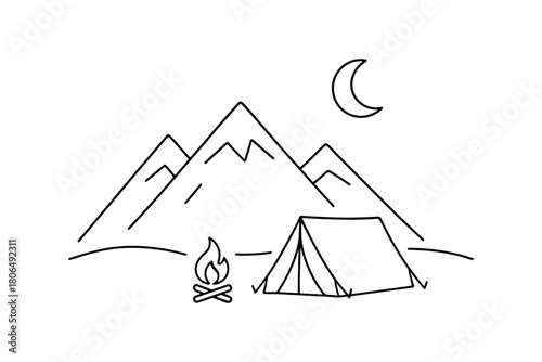 Minimalist camping scene with tent and campfire under moonlit mountains