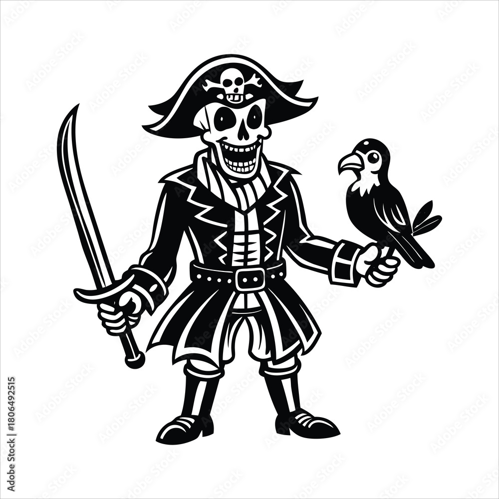 Fototapeta premium Skeleton pirate with sword and parrot