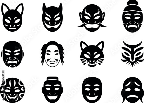 Variety of Traditional Japanese Masks Representing Different Characters and Emotions