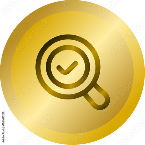 Shiny Gold Round Button With Verified Search Magnifier Vector Icon