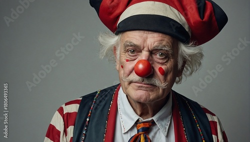 A portrait of an elderly man dressed as a clown with a large red nose.
