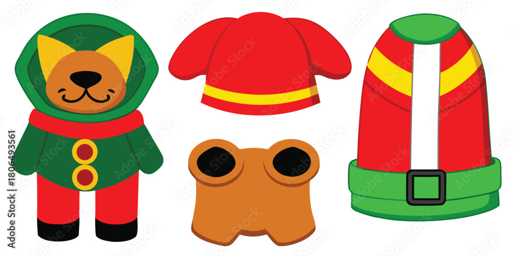 Fototapeta premium Cartoon character animal costume hat red green yellow brown black holiday fun