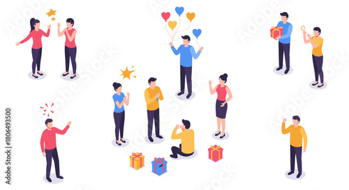 Isometric characters expressing various emotions with gifts and balloons