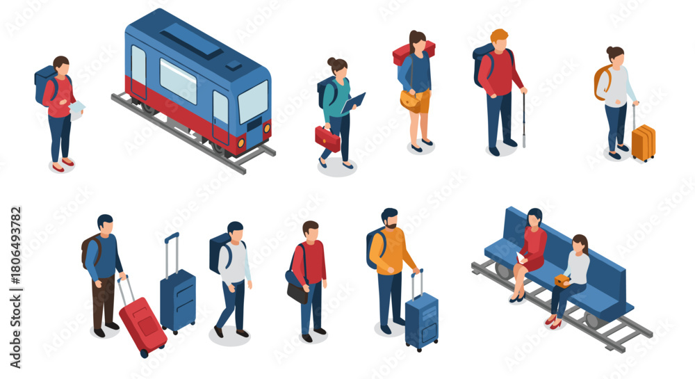 Obraz premium Isometric travelers with luggage boarding train and waiting on platform