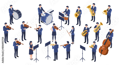 Isometric orchestra ensemble performing with musical instruments