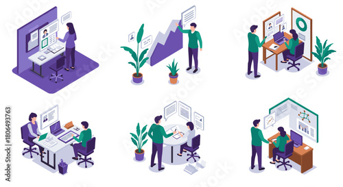 Isometric office scenes with diverse professionals in collaborative work environments