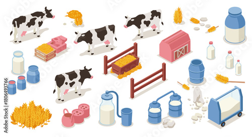 Isometric dairy farm elements with cows, milk bottles, and farm equipment
