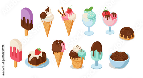 Sweet treats collection featuring various ice cream styles and toppings
